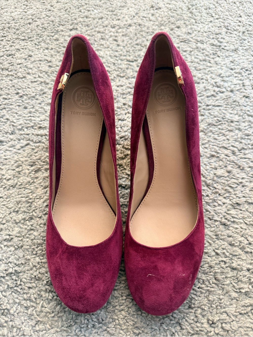 Tory Burch Plum Suede Round-Toe Heels with Gold Logo Accent